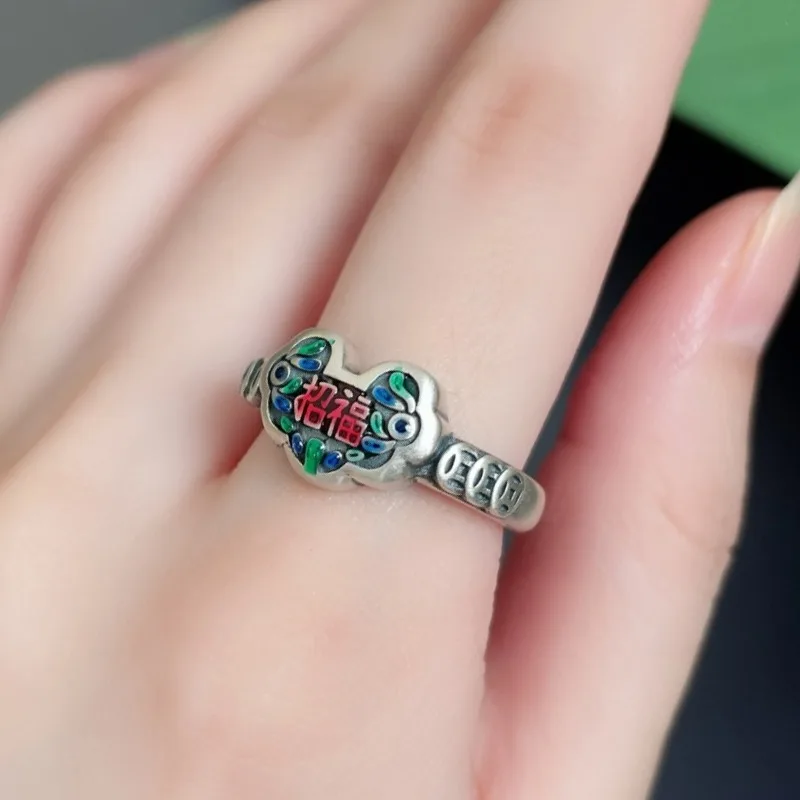 Vintage Silver 925 Retro Ruyi Rings for Women Chinese Style Blessing Colored Enamel Ring Banquet Jewelry Opening Adjustable