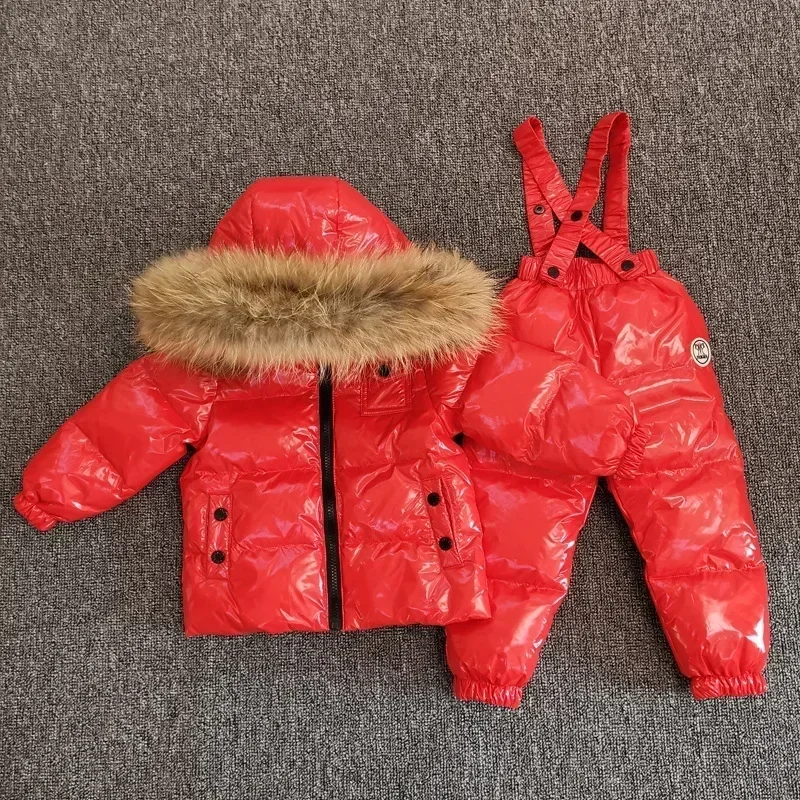 New Winter Thicker Children Down Jacket Overall Suit Big Real Fur Collar Kids Ski Suit Boys Girls Warm Jacket Silver