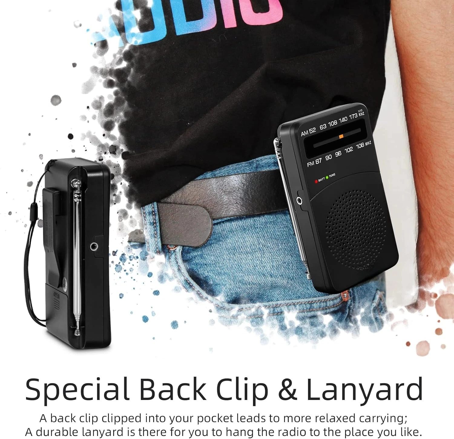 راديو صغير محمول AM FM يعمل بالبطارية مع ضوء ضبط، مشبك خلفي، استقبال ممتاز لأجهزة راديو AM FM المحمولة