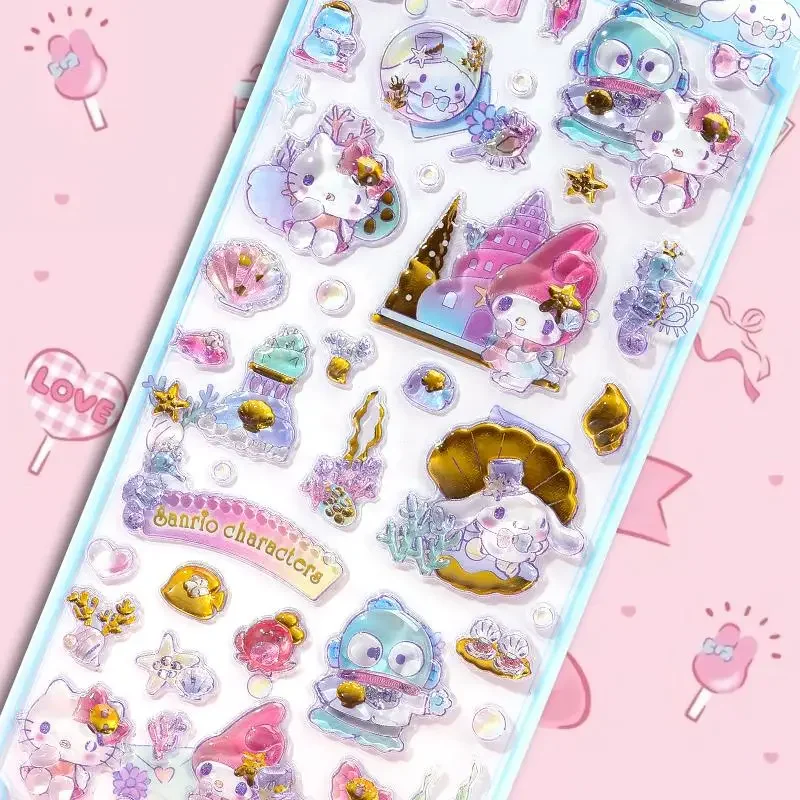 Sanrio 헬로 키티 Hangyodon 오션 테마 릴리프 스티커 환상적인 보석 3d 쉘 물고기 장식 스티커 어린이 장난감 선물