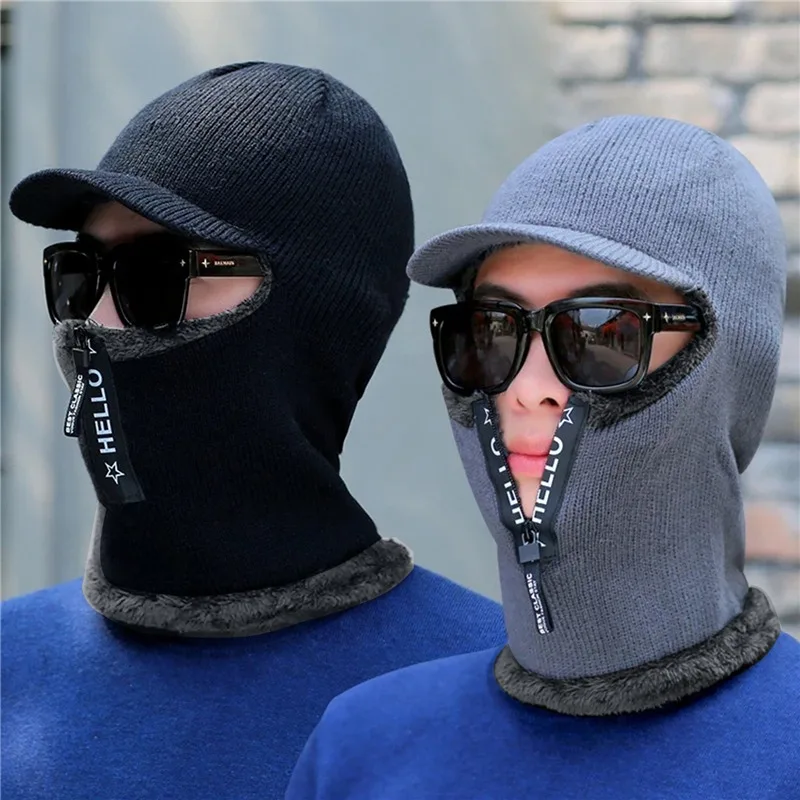 Mężczyźni kobiety czapki z dzianiny zimowe zagęszczone pluszowe jednoczęściowe kolarstwo na świeżym powietrzu zamek błyskawiczny ochrona szyi męskie