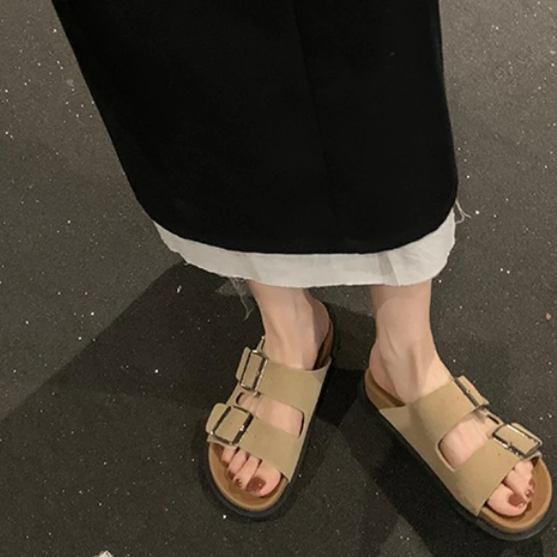 JOZHAMTA sandal selop kulit asli wanita, sepatu datar ukuran 35-40, sepatu kulit asli hak rendah, sepatu musim panas 2025, baju pantai kasual modis