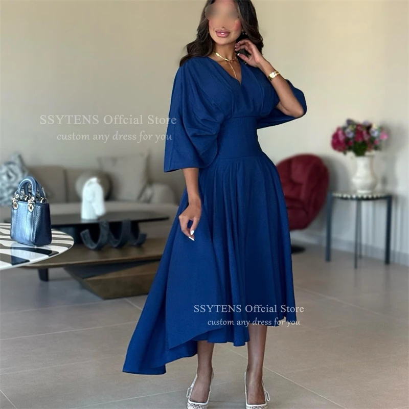 SSYTENS Elegant Royal Blue Prom Dresses Tea Length A Line Satin Wedding Guest Party Dresses Plus Size Customized Homecoming Gown