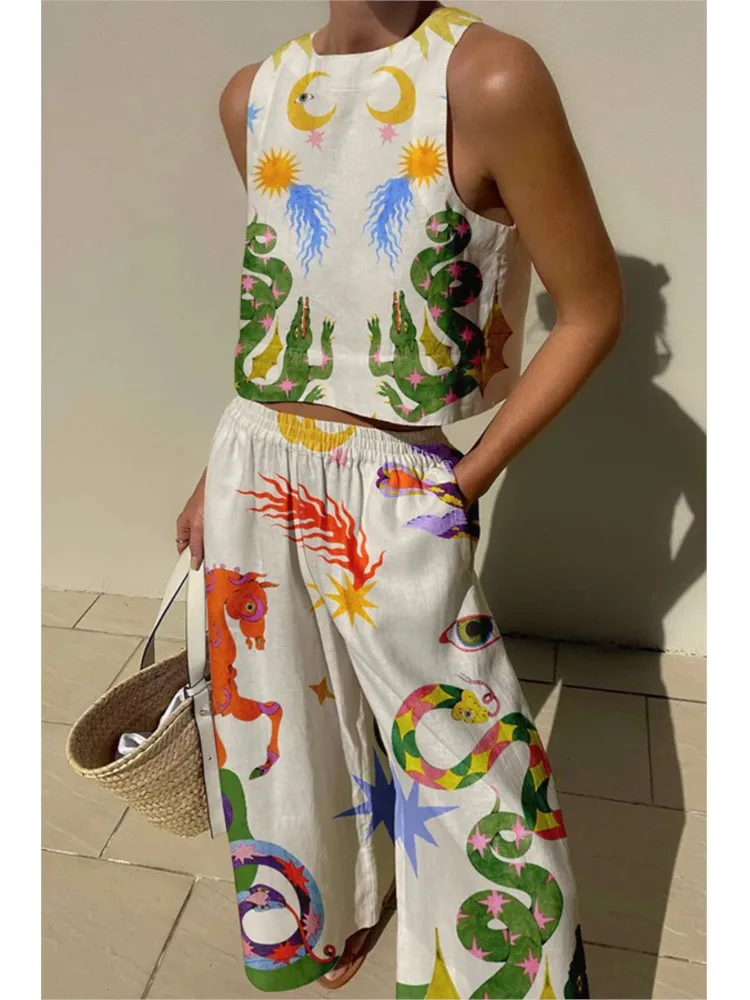 Printed Women Clothing, Sleeveless Short Top Loose Pants 2-piece Set Spring/summer Hawaiian Beach Casual Sets Innovative In 2025