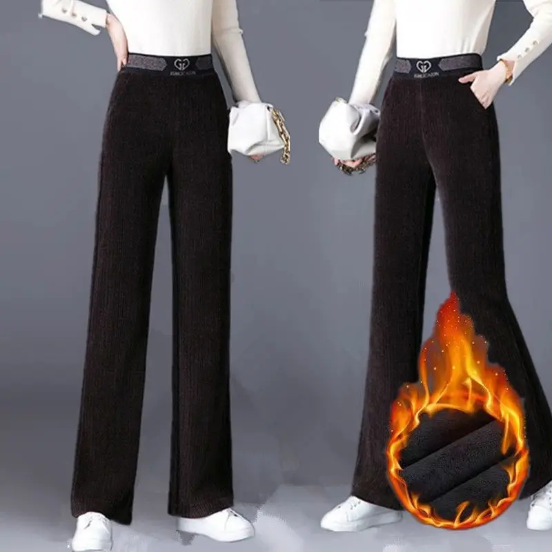 Korean New Women Corduroy Fleece Pants Autumn Winter Fashion Casual High Waist Solid Loose Thicken Vintage Straight Trousers