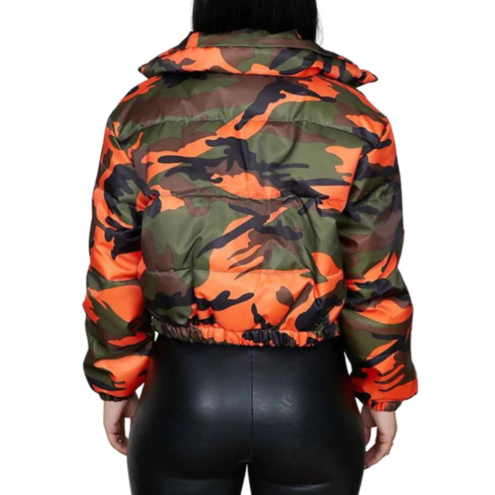 Camouflage Print Women\'s Cropped Down Coats 2024 Winter Warm Long Sleeve Zipper Stand Collar Cotton Clothes Lightweight Parkas