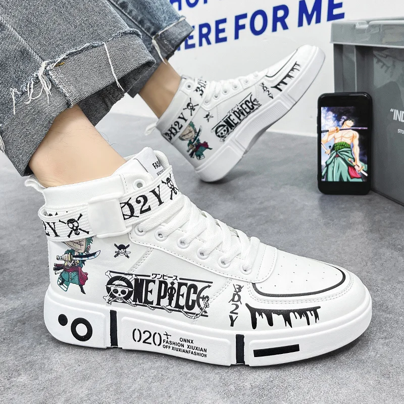 Zapatillas de deporte con estampado de dibujos animados para Hombre y mujer, zapatos altos de monopatín, Zapatillas de diseñador de Anime, zapatos blancos, 2024