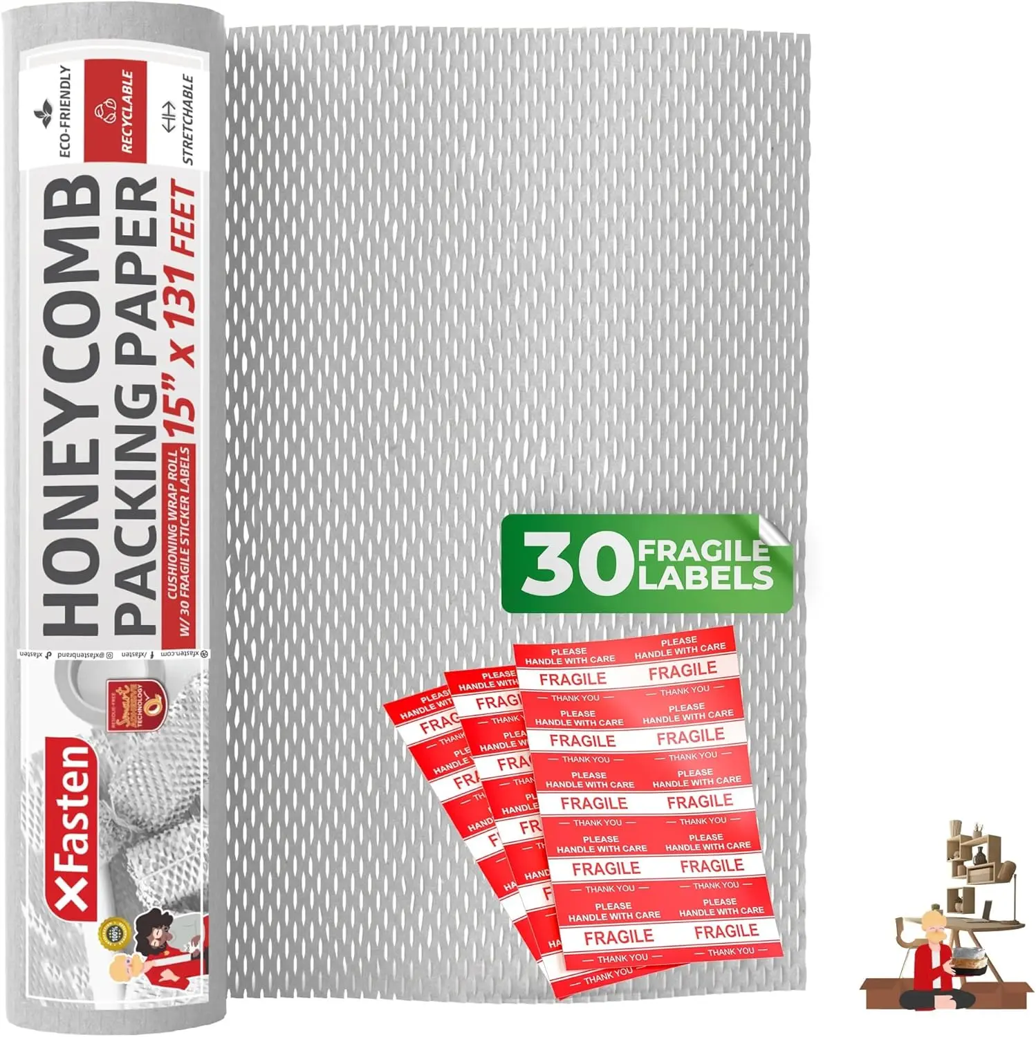 Kertas Kemasan Sarang Lebah Putih untuk Memindahkan Bungkus Sarang Lebah Gelembung 15 Inci x 131- Kaki, 30 Bahan Kemasan Stiker Rapuh