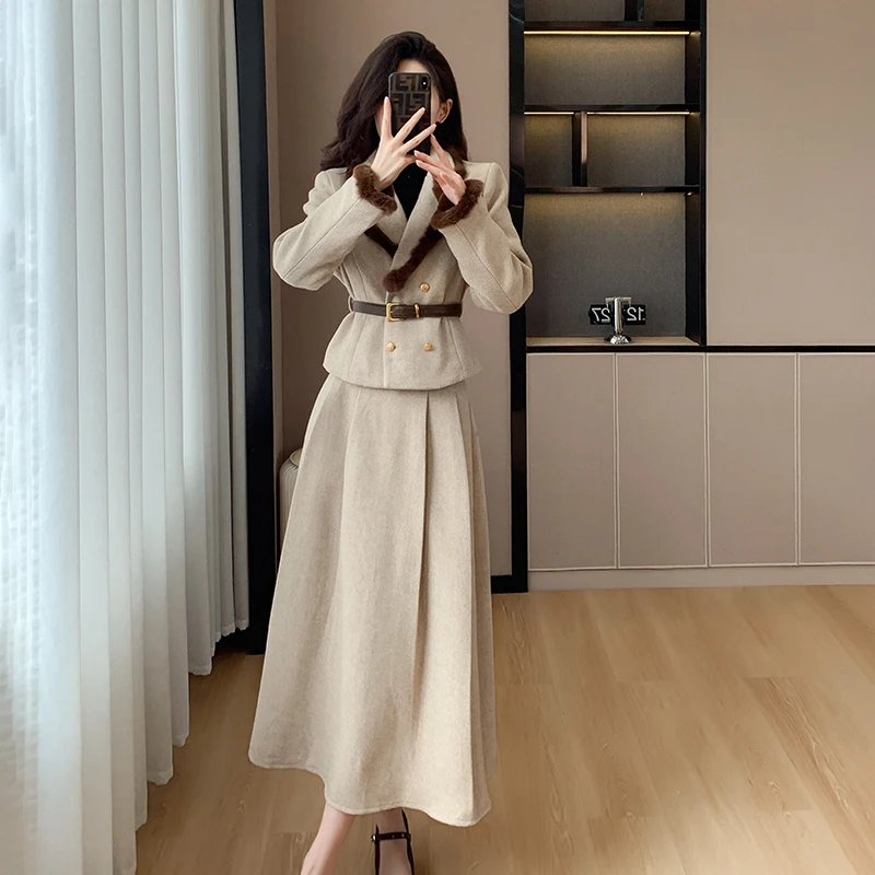 

UNXX 2023, комплект из двух предметов в гонконгском стиле в стиле ретро, утолщенный стеганый шерстяной костюм с коротким пальто и юбкой для шикарного образа, высокое качество