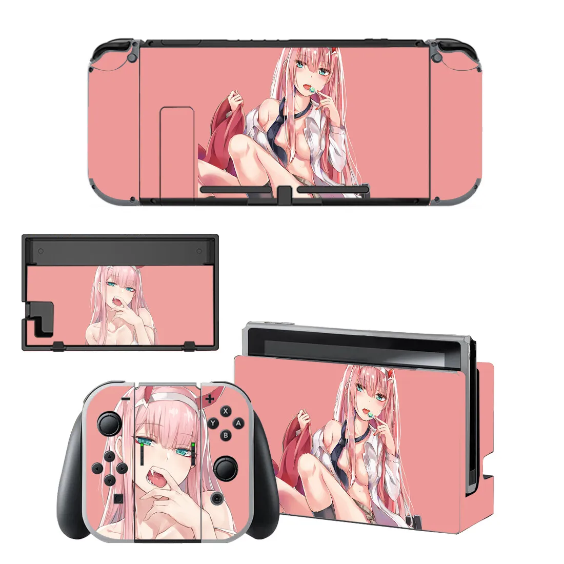 Vinilo Protector Adhesivo de Anime Chica Linda Zero Two para Consola NS Switch, Base de Carga, Soporte y Controles Joy-con