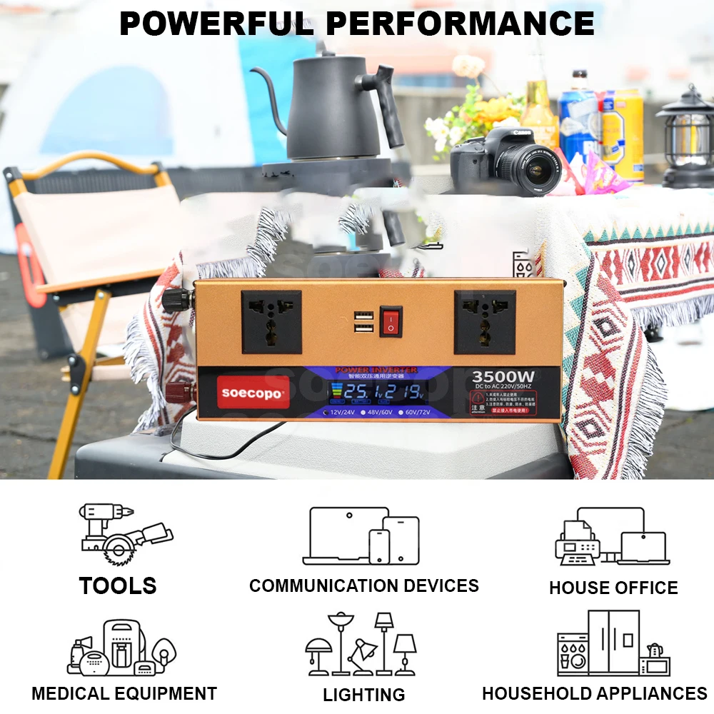 Smart Dual Voltage Inverter 3500W 12V/24V/48V/60V/72V to 220V/110V with Dual USB Ports and LCD Screen