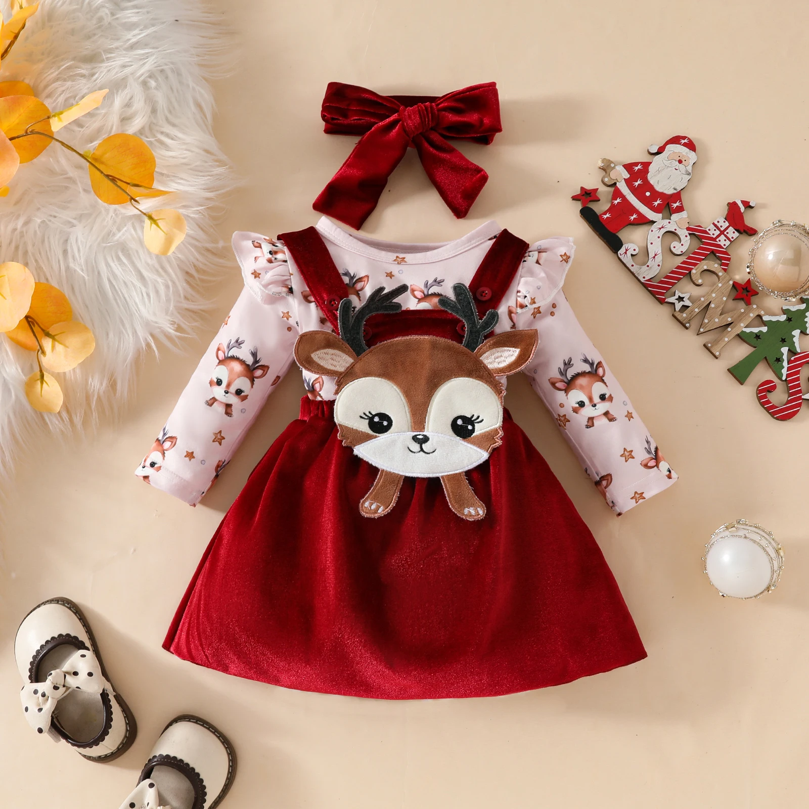 3Pcs Baby Christmas plus velvet strappy dress set Cute long sleeve triangle onesie + Deer figure strappy dress + headband set