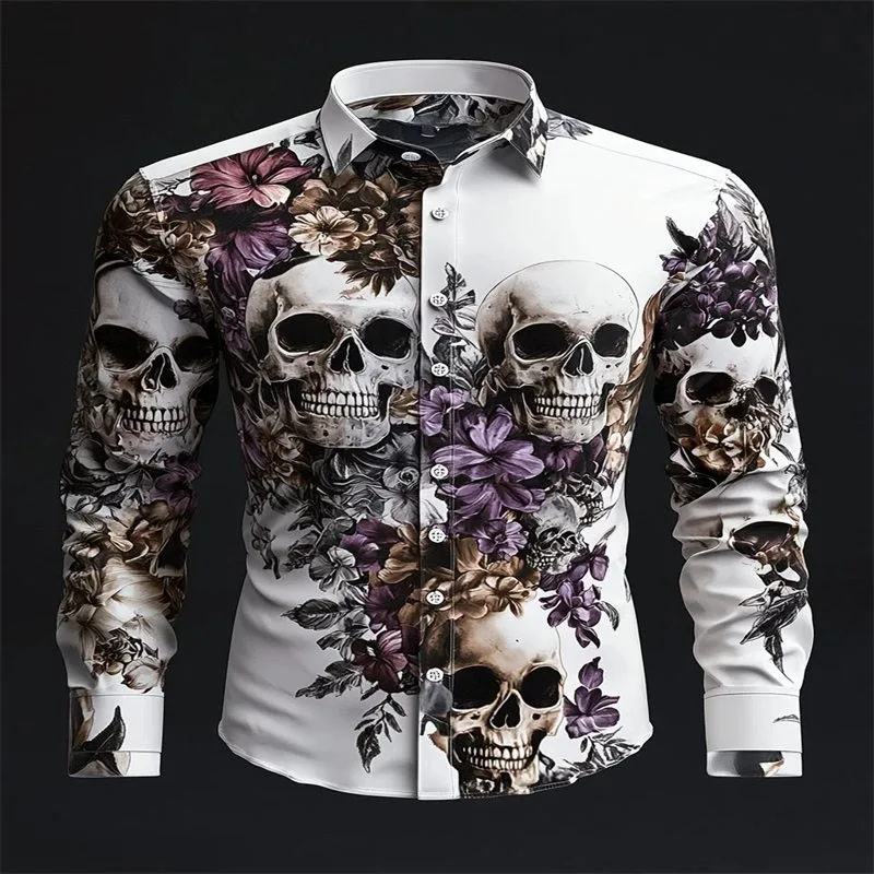 

2026 New Men's Printed Shirt, Slim Fit Streetwear Style, Skull Print, Long-Sleeve Button-Up Shirt, Trendy Streetwear Design