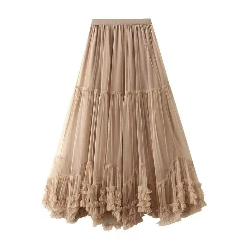 

Ele High Waist Tulle Skirt with Large Swing Design Slimming Puffy Sle Ciwalk A-Line Batwing ape PVC Fabric