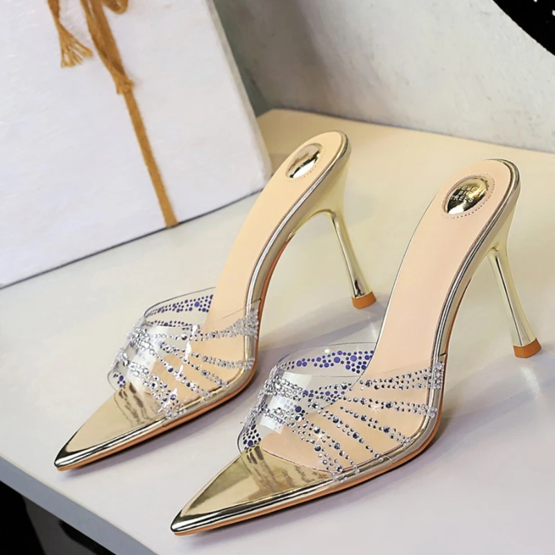 Women Slippers Sexy Crystal Gladiator Sandals Ankle Strap High Heels Hollow Out Party Shoes Closed Toe Stiletto Ladies Pumps