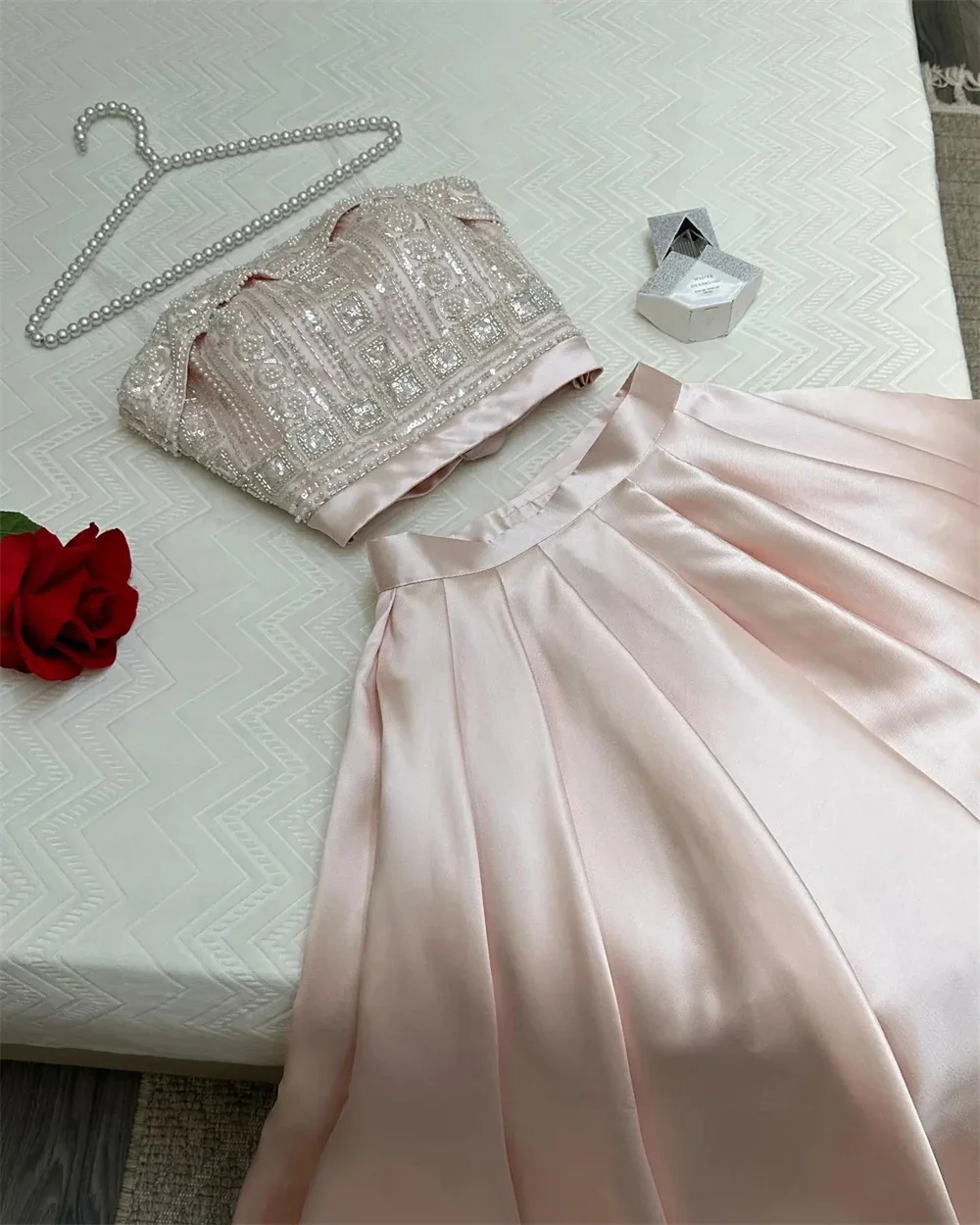 Customized Strapless Neck Two-piece Beads Ruch 2023 Satin Formal Occasion Evening Gown Arabic فساتين نسائيه سهره