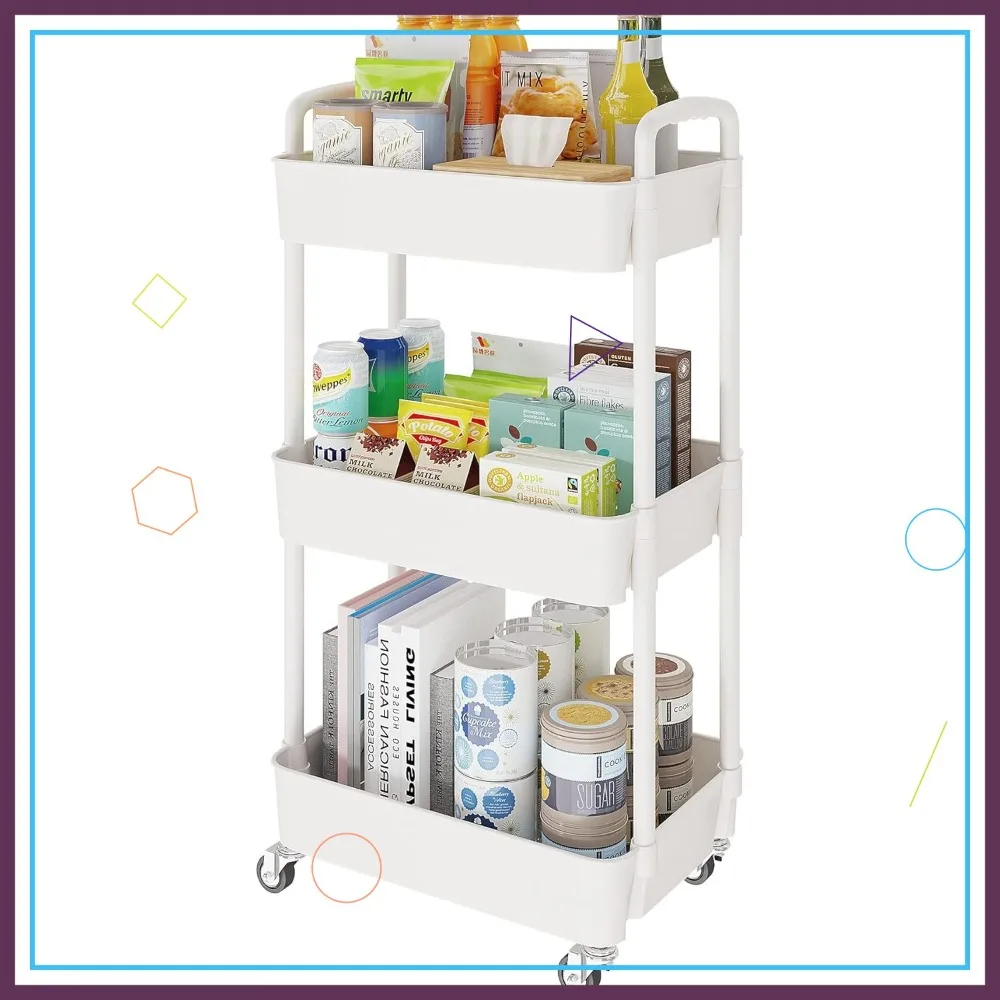 

3-Tier Rolling Cart with Wheels, Multifunction Utility Storage Carts, Kitchen Organizer for Bathroom Laundry