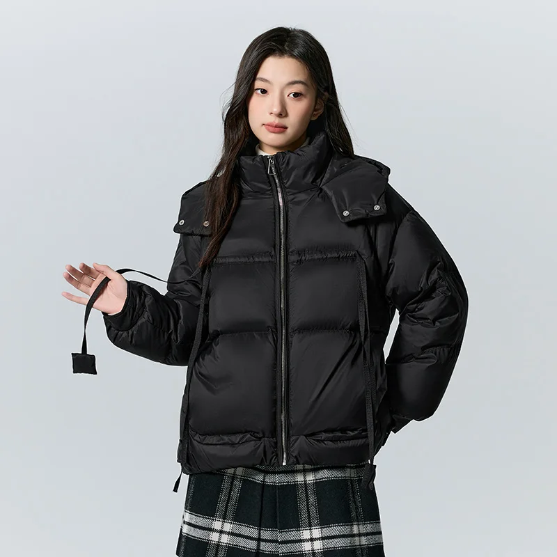 Semir Down Jacket Women Design Raglan Sleeves Loose 2023 Winter New Texture Plaid Hooded Thick Down Jacket