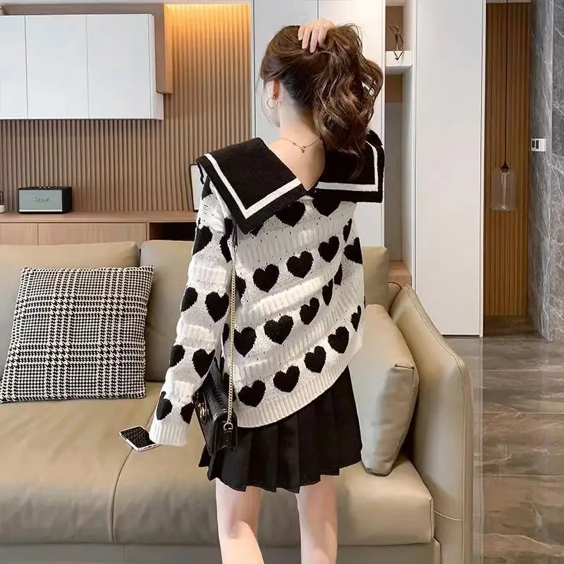 Women's Clothing Sweet Sailor Collar Jumpers Fashion 3D Heart-shaped Autumn Winter New Long Sleeve Korean Loose Knitted Sweaters