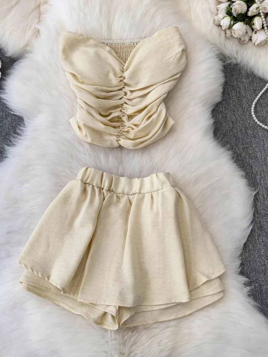 

Foamlina Fashion Spice Girl's Sweet Tube Top Short Pleated Vest One-word Sleeveless Camis + Anti-light Short Skirt Pants 2 Set