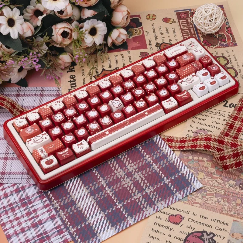 Red Velvet Cute Cat MOA Profile PBT 129Keys Keycaps Five Sides Heat Sublimation Kawaii Kitty Key Caps for MX Mechanical Keyboard