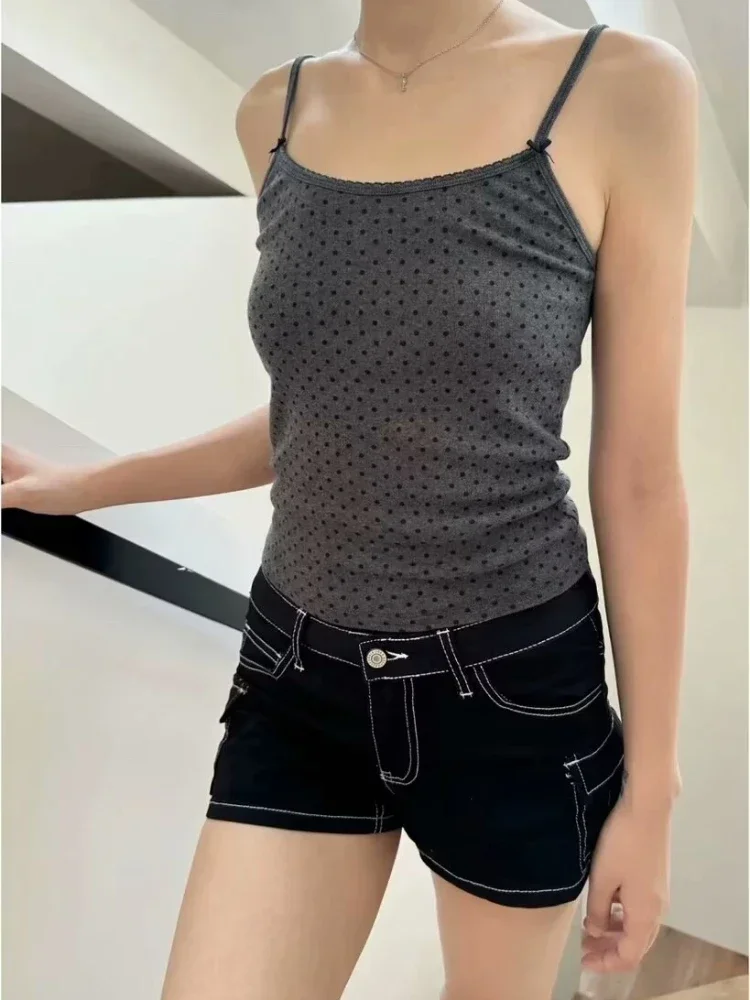 Streetwear เสื้อหวานผู้หญิงฤดูร้อนสายคล้องคอ Casual Vintage แขนกุดผ้าฝ้าย Camisole Dot Lace Trim Slim Tank Y2k Crop Top ใหม่