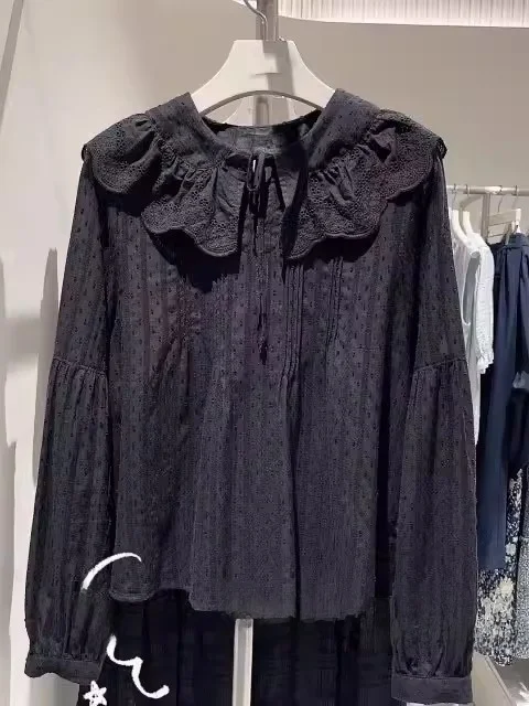 

Spring 2025 Women's Loose Long Sleeve Shirt Island Design Sensation Lace Trim French Style Cotton Anti-Static Regular Thickness