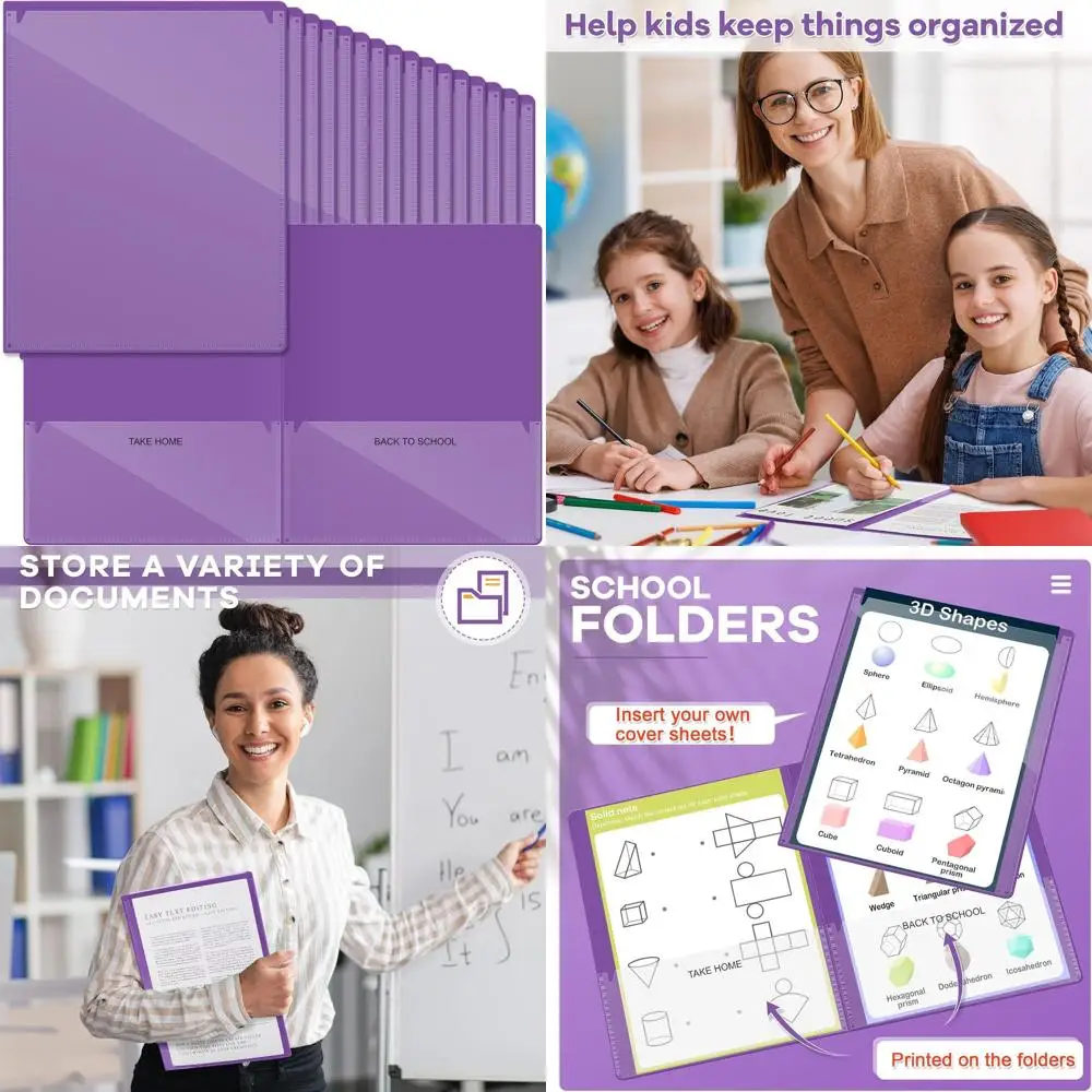 

Plastic Homework Folders with 2 Pockets for Student and Parent Communication - Purple Classroom Organizer