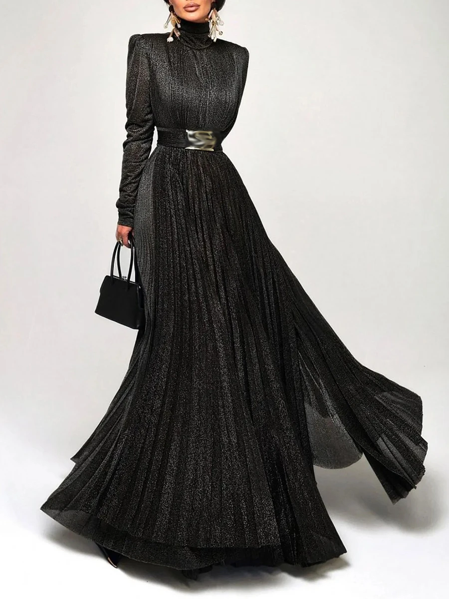 TWOTWINSTYLE Solid Spliced Belt Slimming Dresses For Women O Neck Long Sleeve High Waist Temperament Long Dress Female Clothes