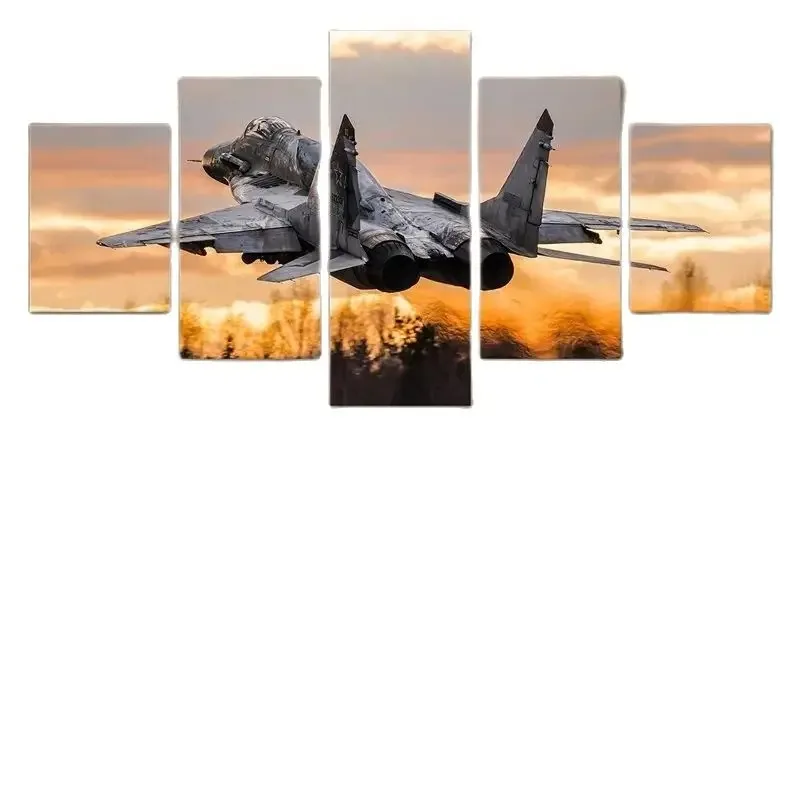 Unframed 5 Panel Jet Fighter Mikoyan MiG-29 Modular Modern Canvas Posters Wall Art Picture Paintings for Living Room Home Decor