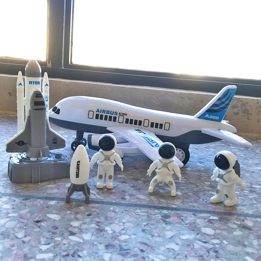 Large white passenger plane, space rocket launcher, astronaut, spacecraft model, figurine, children's boy toy, Christmas gift