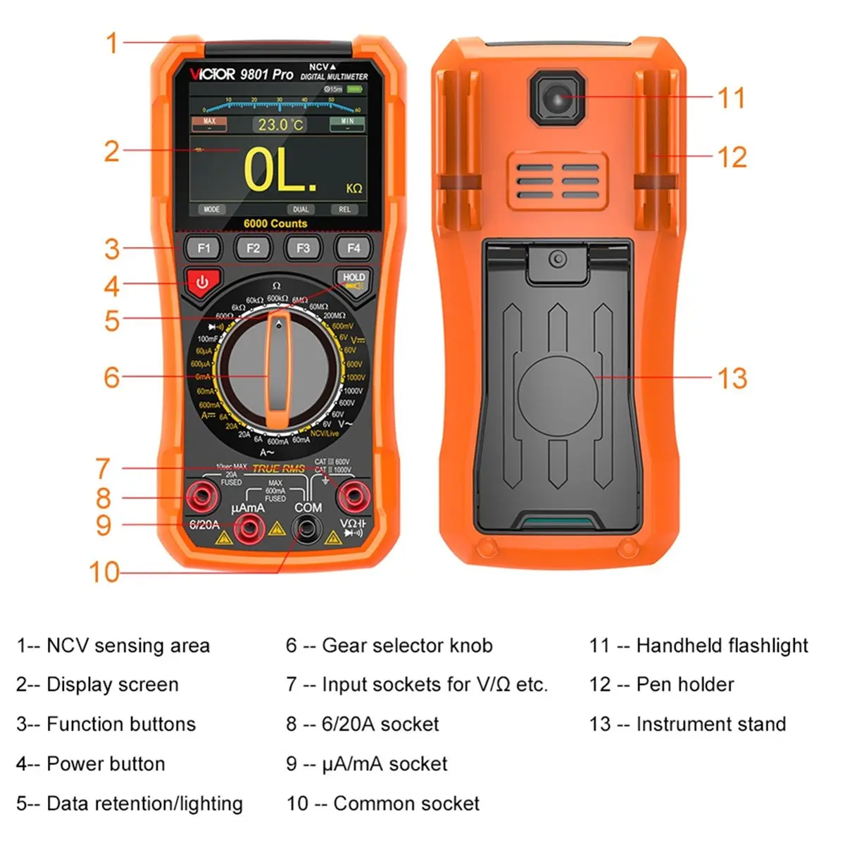 DT75BG  VC9801pro Color Screen Rechargeable Multimeter 1000V/20A 5999Counts NCV/-RMS Tester with Accessories Type-C Charging