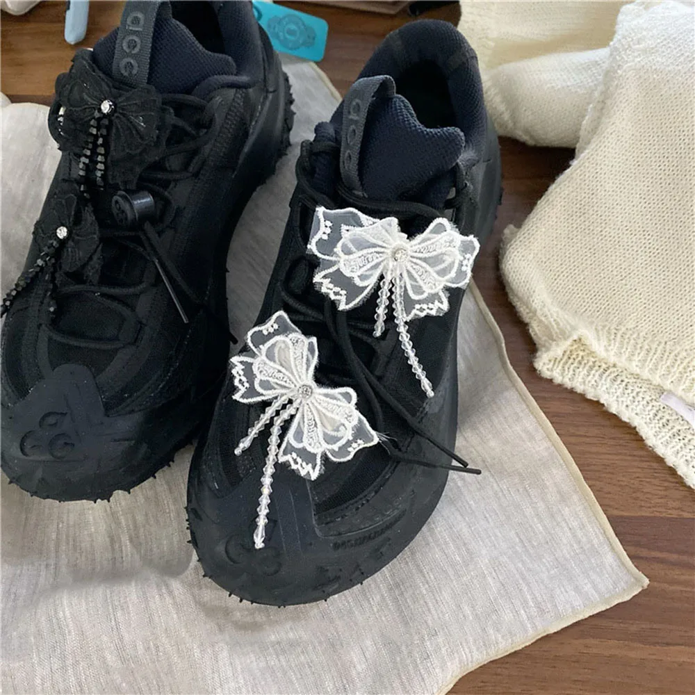 Korean Sweet Beaded Bow Shoelace Decoration Pearl Lace Bowknot Shoelace Buckle For Girls Casual Shoes Charms Decor image 6