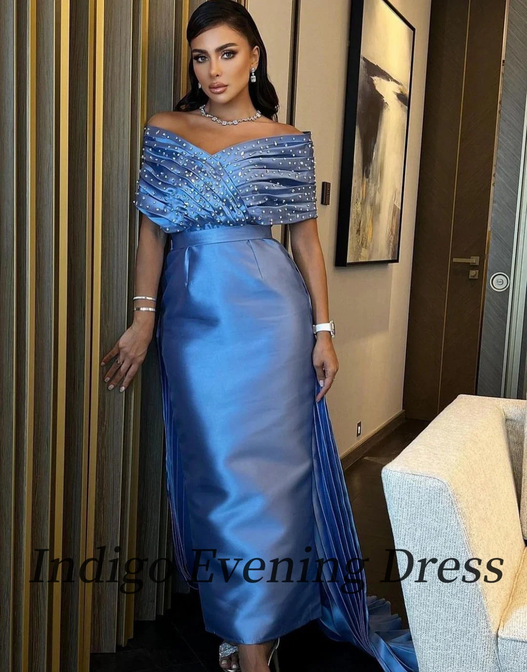 Indigo Satin Prom Dresses Off Shoulder Beads Floor-Length Pleated Elegant Formal Party Dress For Women 2024 فساتين طويلة