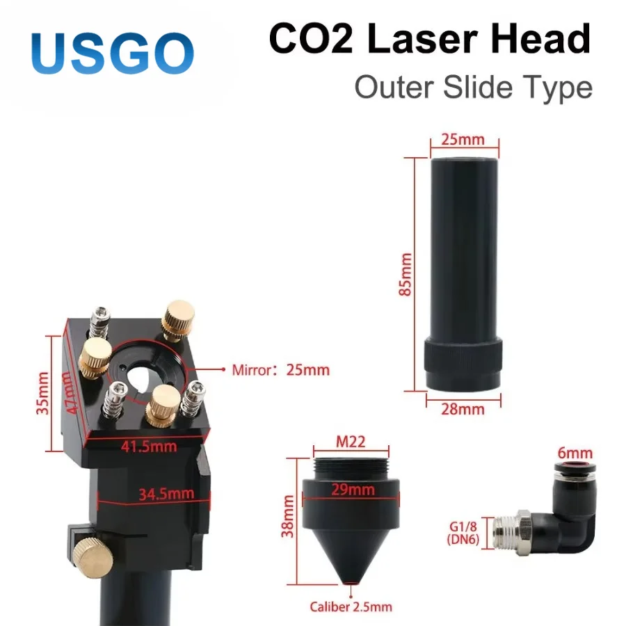 USGO New Arrival CO2 Laser Head for Dia.20mm FL 50.8/63.5mm Lens D25mm Mirror Outer Slider Type with Air Assist Nozzle
