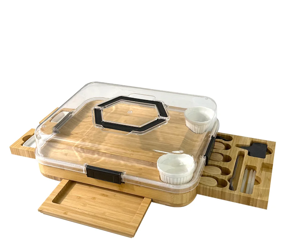 Home Kitchen Bamboo Cutting Board Set Four-Tray Cheese Board with Four-Drawer Dip Tray for Chopping Serving Wood Products