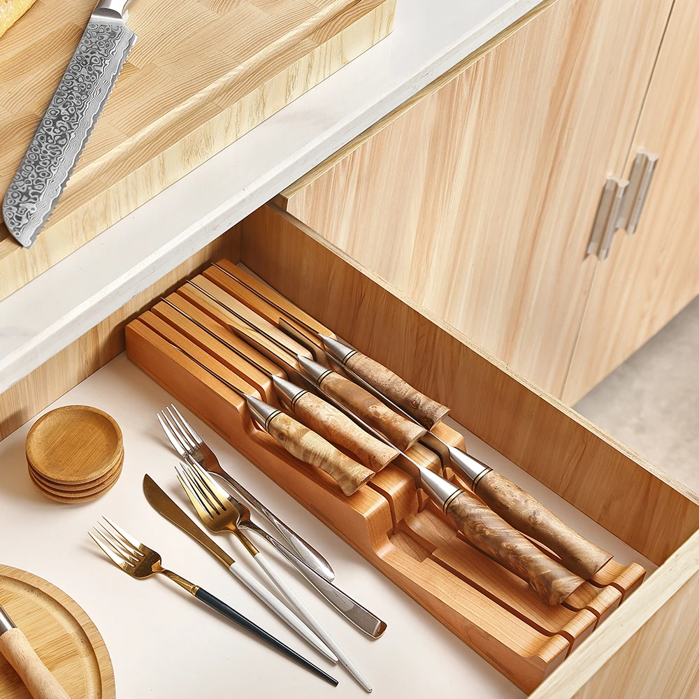 

HEZHEN 7 Slot In-drawer Knife Tray Premium Cherry Wood Holder Double-step Design Easy to Access Knife Holder