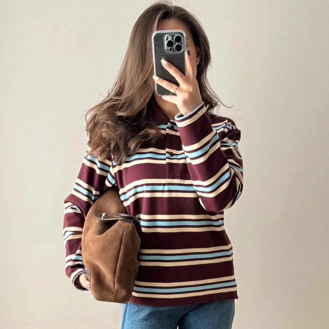 

Tangada 2025 Women Loose Striped Polo T Shirt Long Sleeve Tees Ladies Casual Knitted Pullover SP5