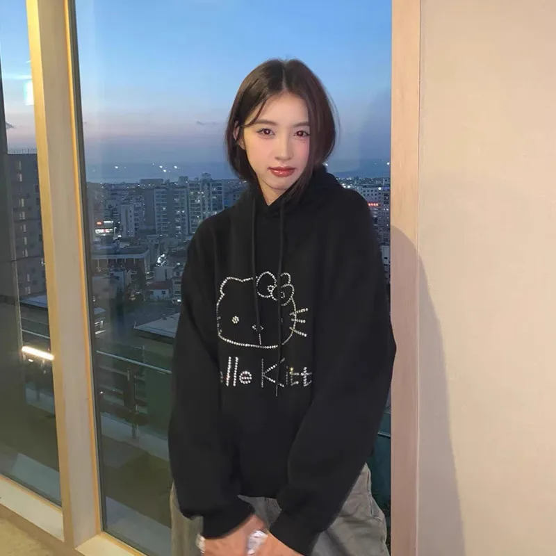 Miniso Rhinestone Hellokitty Black Plush Hoodies Cartoon KT Hooded Sweaters Student Cotton Streetwear Pullovers Women Clothing