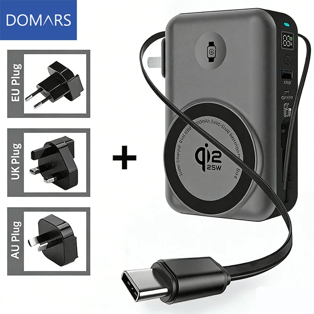 Domars 10000mAh Power Bank GaN USB-C Wall Charger Qi2 25W Wireless Fast Charging with UK, AU, EU Plug for iPhone iWatch Laptops