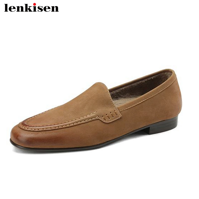 

Lenkisen Best Seller New Sheep Leather Round Toe Casual Autumn Shoes Low Heels British School Concise Slip on Brand Women Pumps