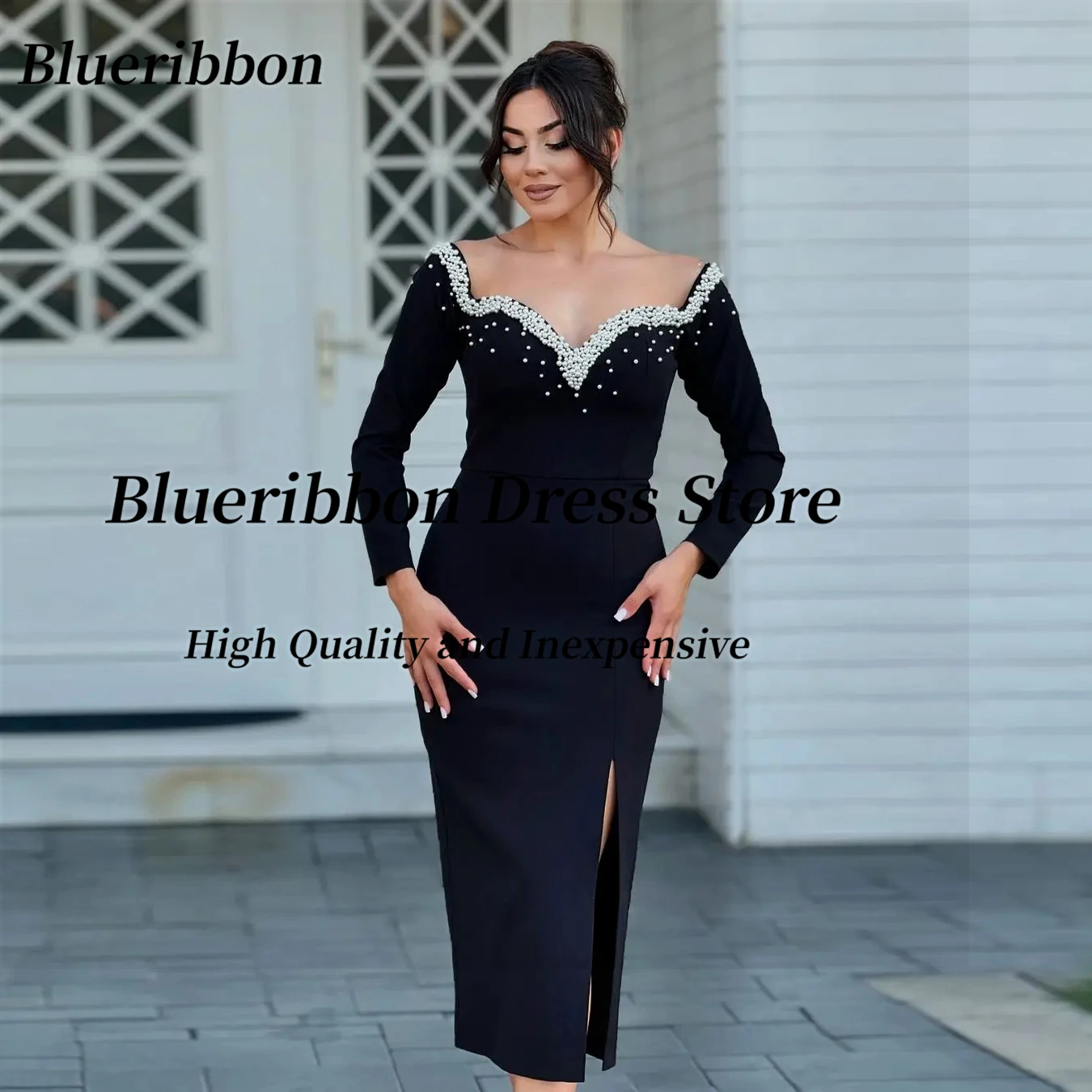 

Blueribbon Black Side Slit Tea length Prom Evening Dresses Customized Beaded Square Neck Long Sleeves Cocktail Party Dress