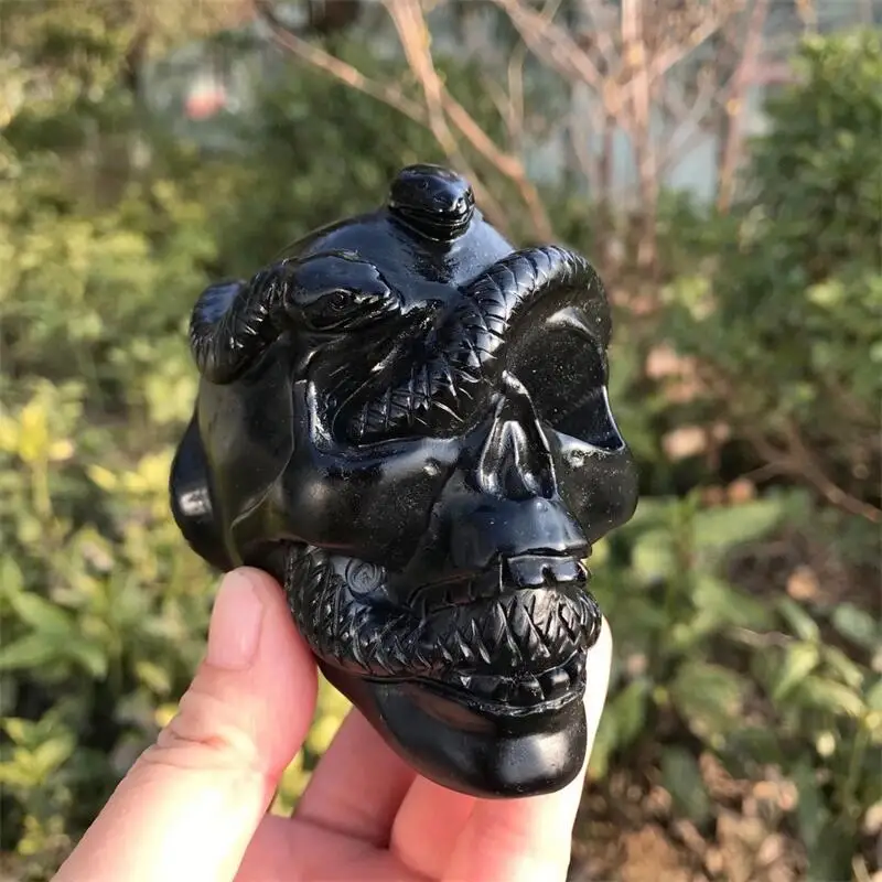 Natural Black Obsidian Snake Skull Crystal Minerals Ornament Reiki Healing Crystals Cranium Desk Decoration Gift 1pcs