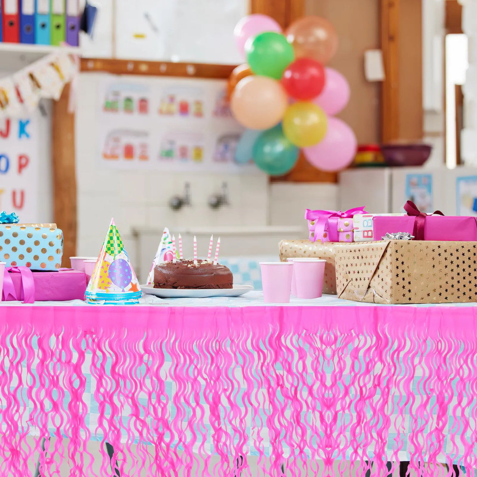 

Macaron Pink Metallic Tinsel Fringe Table Skirt Tassel Decoration for Wedding Birthday Party Festival Table Curtain