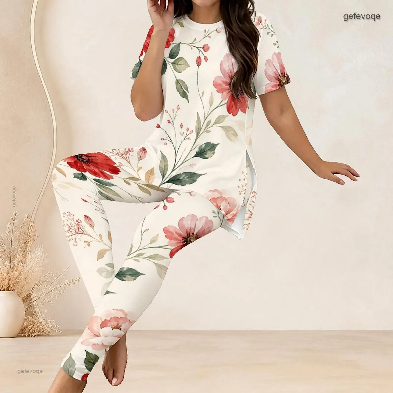 Women Pants Set with Print Round Neck Short Sleeve Longline Top Fitted Pants Two Piece