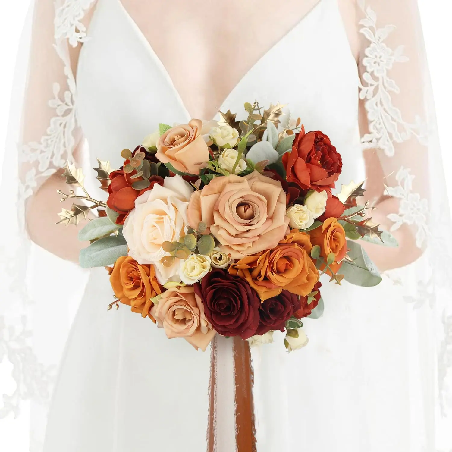 9" Burnt Orange Wedding Bouquet for Bride, Rustic Terracotta Artificial Flowers Bridal Bouquet for Fall Wedding
