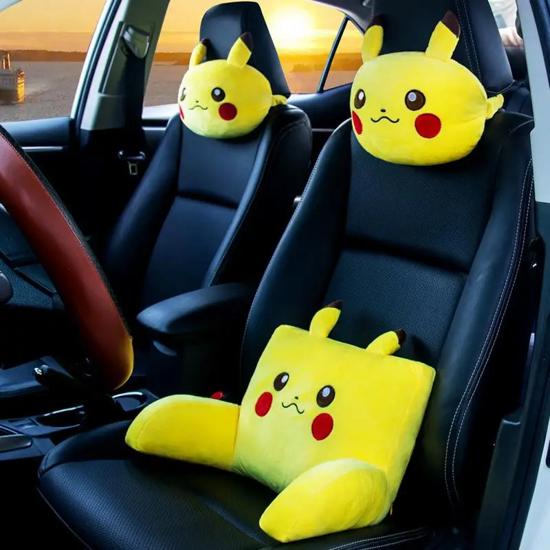 3pcs Pikachu Car Seat Headrest Pillow Auto Car Neck Pillow Kawaii Head Support Lumbar Support For Office Chair Cushion