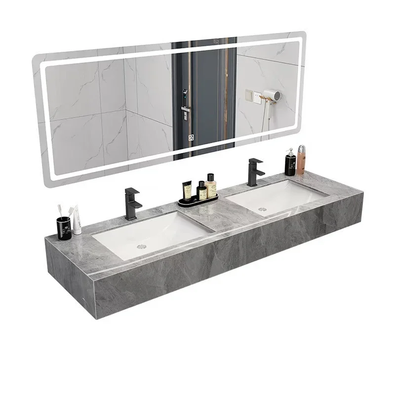 Glossy Stone Plate Bathroom Cabinet Double Bathroom Wash Basin Double Basin Floor-Standing Washstand