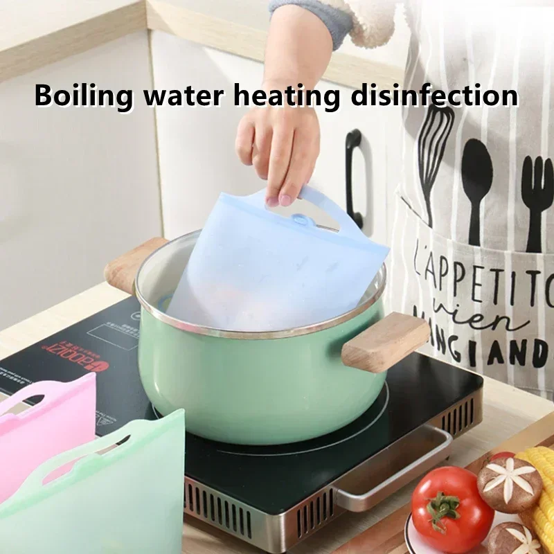 Silicone Food Storage Bag Reusable self-styled Zip Shut Bag for Vegetable Fruit seafood meat to keep fresh Kitchen Food Storage