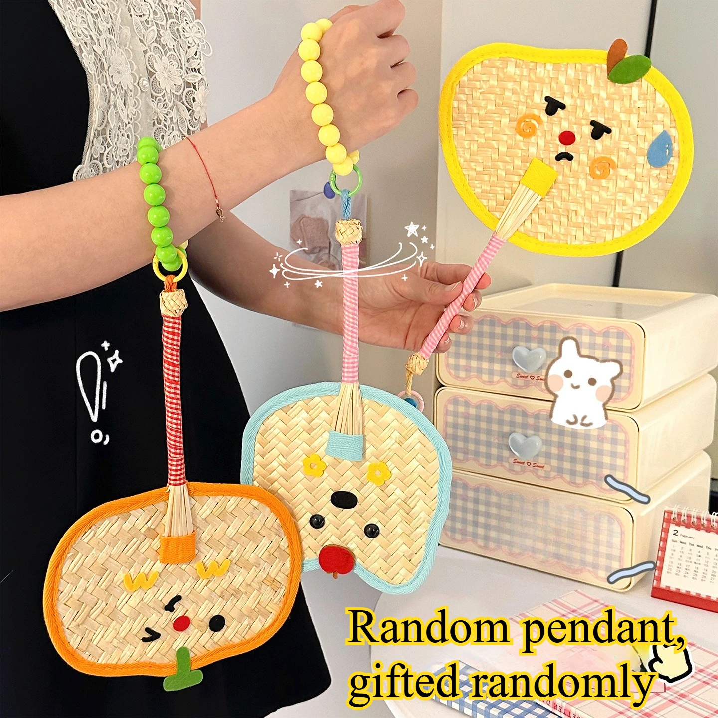Colorful Cartoon Handmade Woven Fan – Portable Summer Shaking Fan, Photo Prop & Bag Decoration for Beach/Picnic/Office
